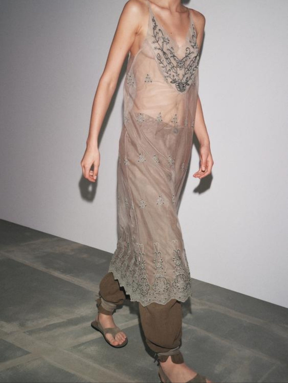 Zara Embroidered Beaded Tulle Midi Sheer Vneck Dress